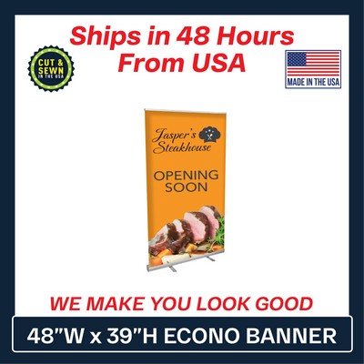 48"x 39H Econo Retractable Banner (Graphic & Hardware)-(No-Curl Hybrid Media) Printed in the USA